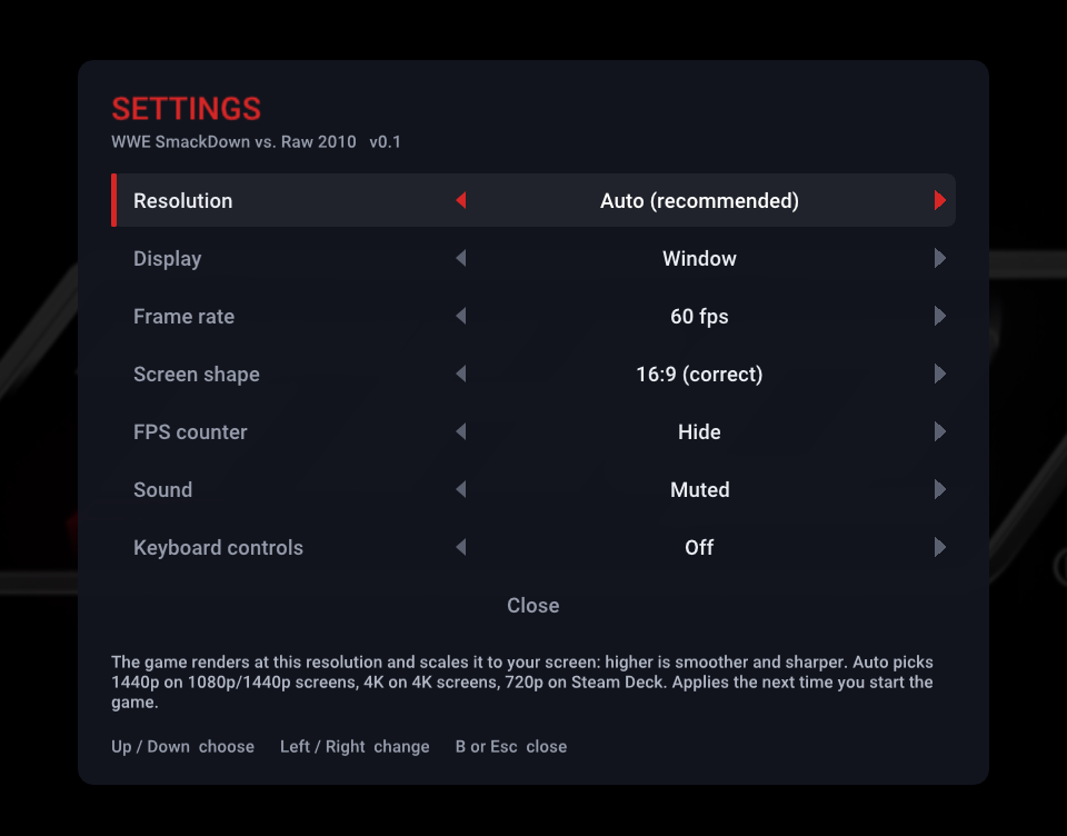 The in-game settings menu: resolution, display, frame rate, screen shape